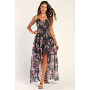 Lulus Lovely For Tonight Black Floral Organza High-low Maxi Dress - Size XL